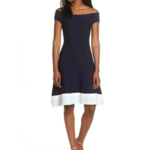 Flare Knit Colorblock Dress Navy 
